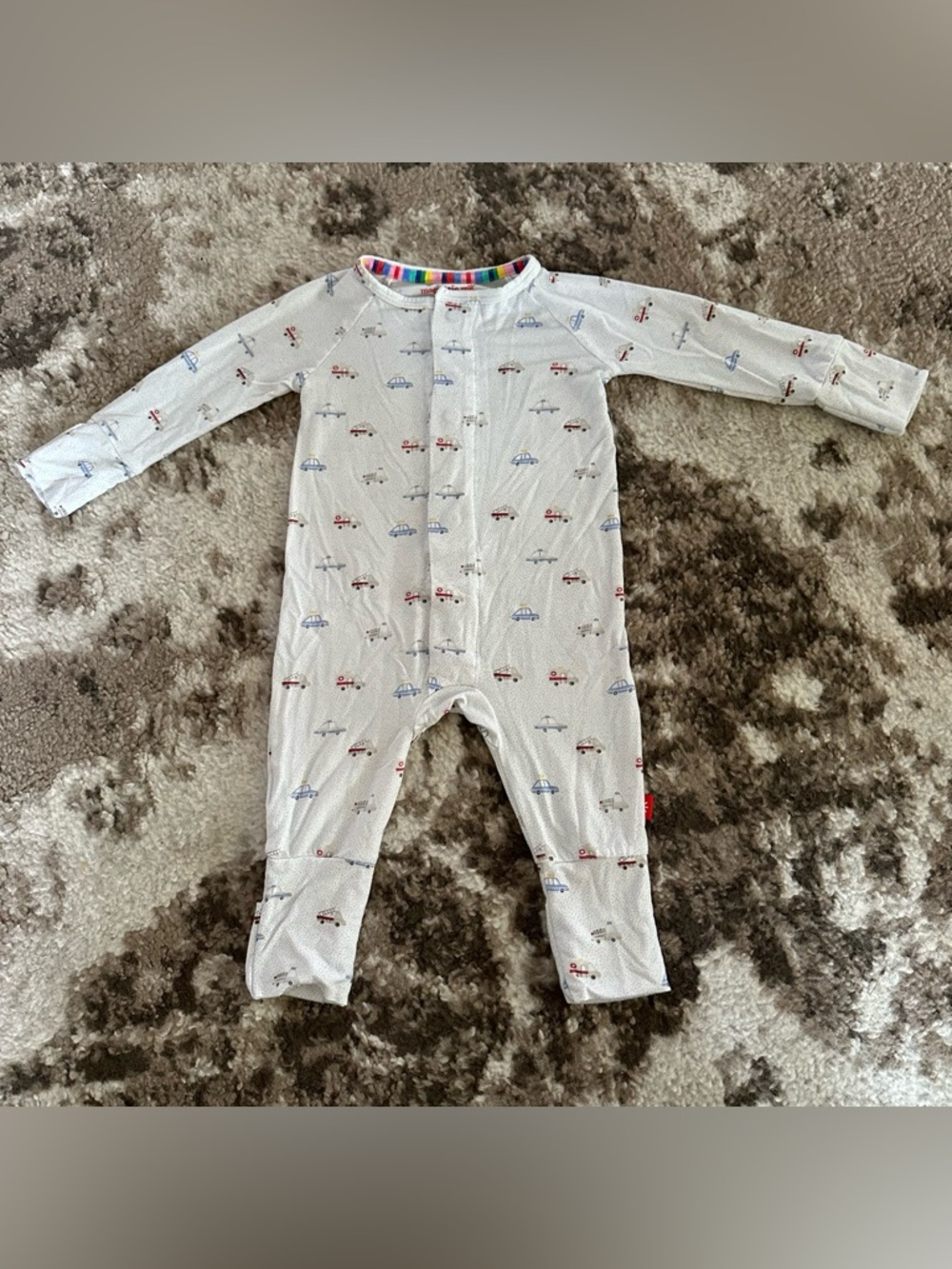 Magnetic Me White Car & Plane Print Footie with Rainbow Trim